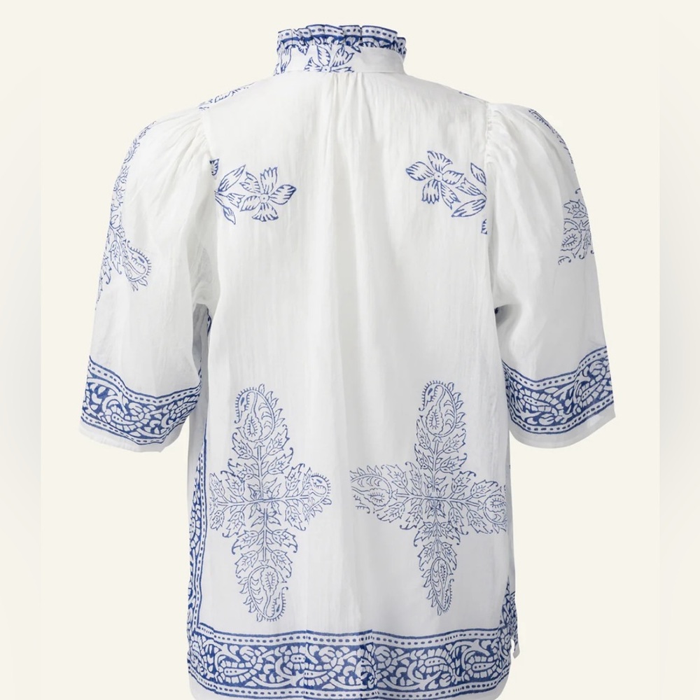 Alix of Bohemia White Cotton Blouse with Blue Floral Trim - Picture 2 of 8